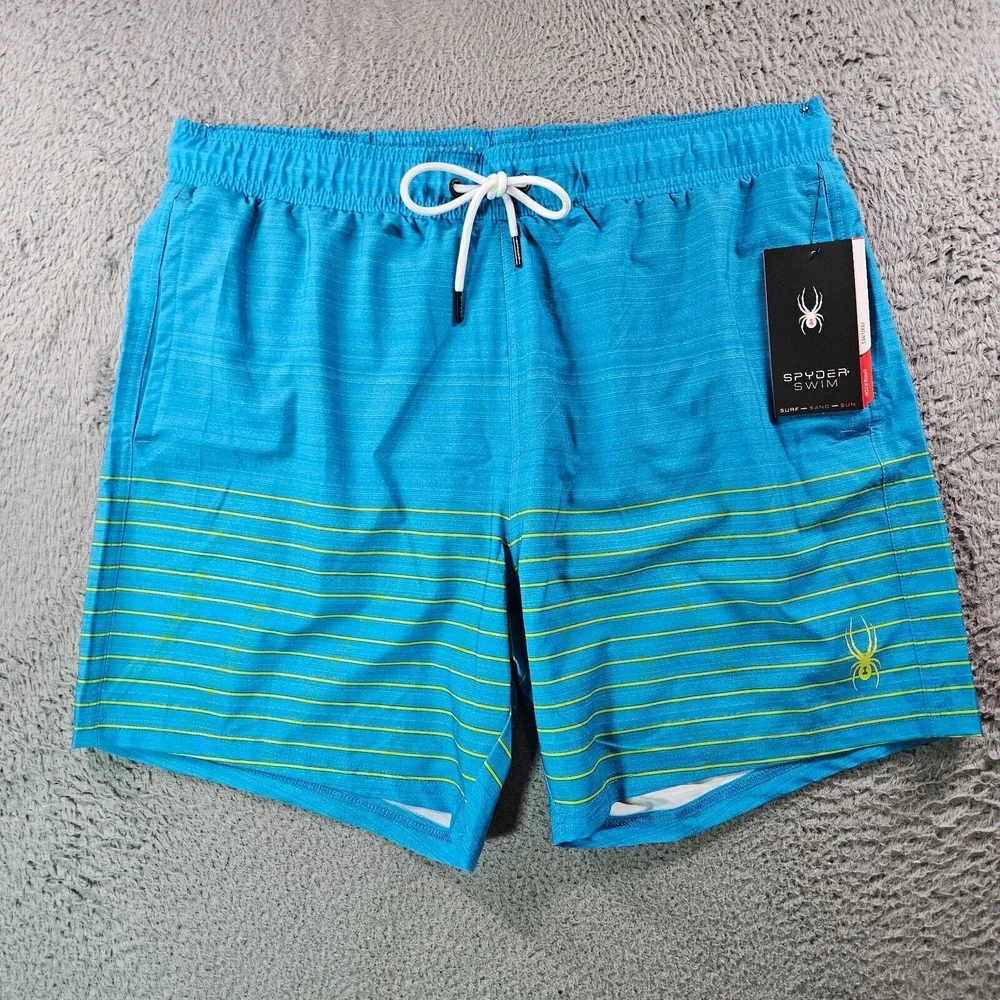 NWT Spyder Swim Boards Trunks Shorts Men's XXL -Lined UV Protection Blue Striped
